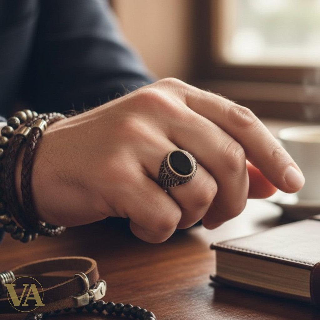 Bague Homme Argent 925 Onyx Noir Ovale – Motif Flammes Ottoman