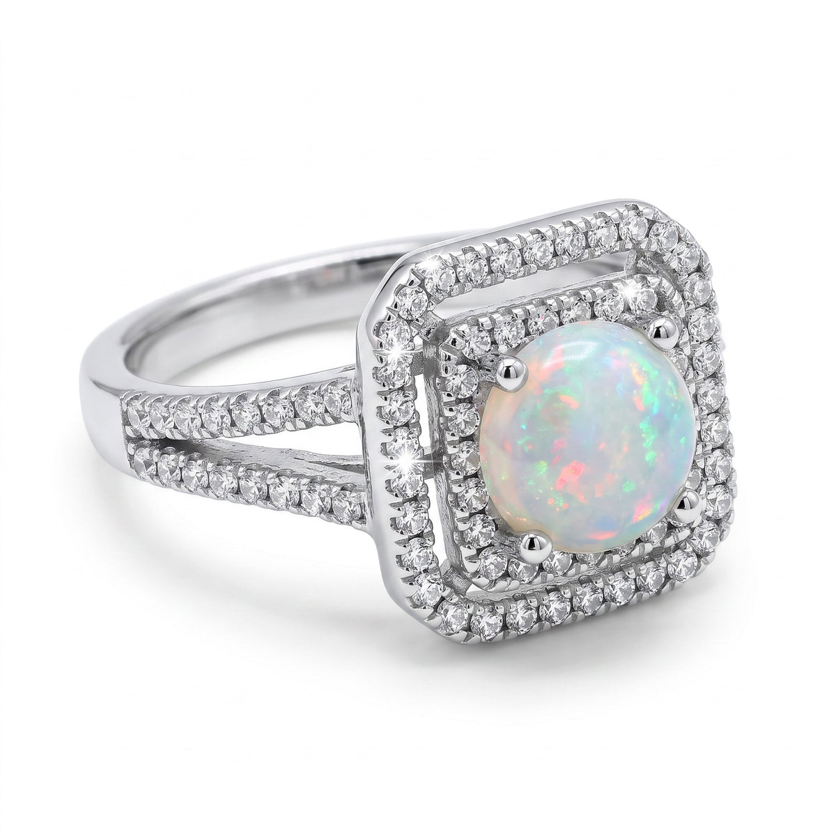 Bague Femme Argent 925 Opale Double Halo Zircons
