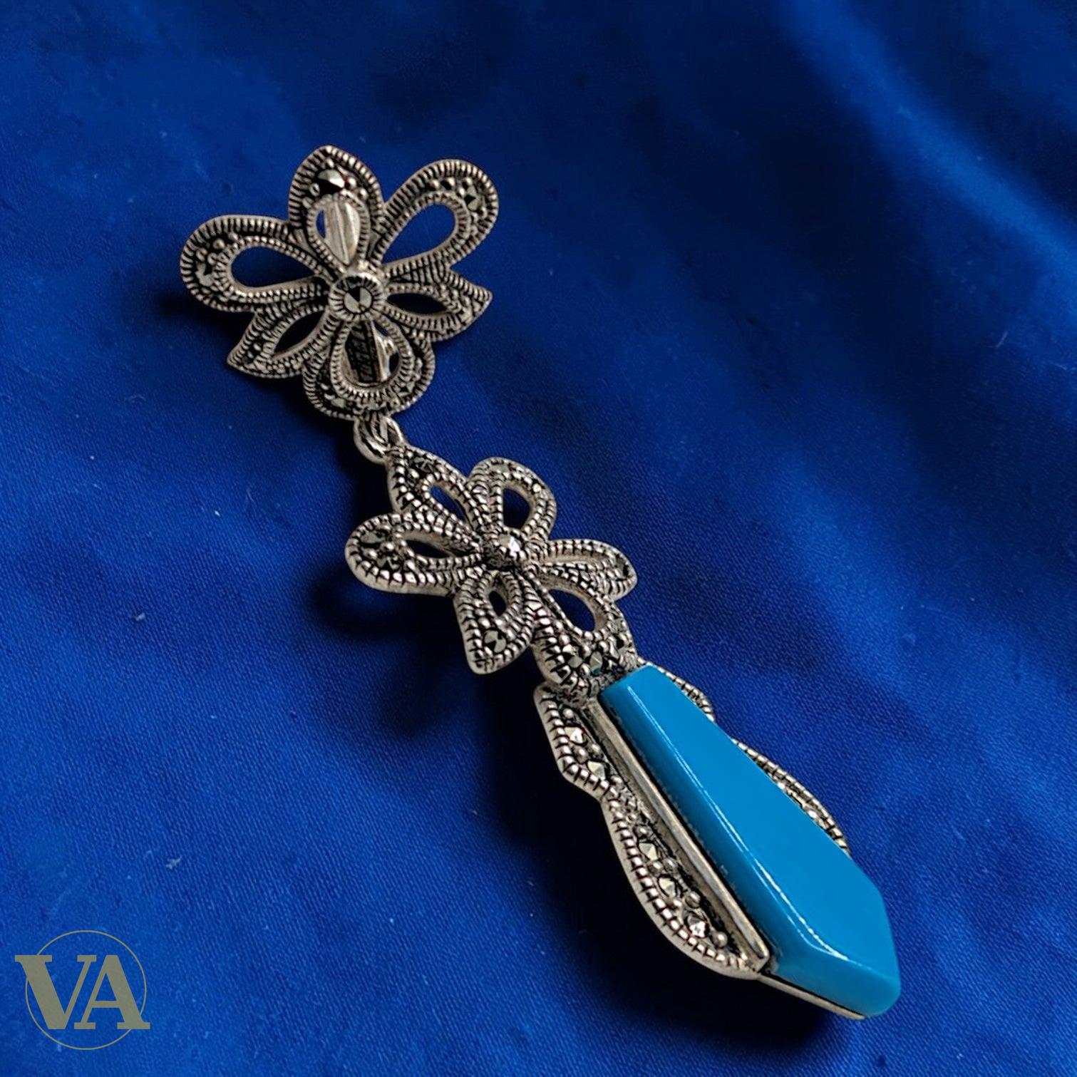 Boucles d'Oreilles Femme Argent 925 Turquoise et Marcassite | Bijoux Vindicta
