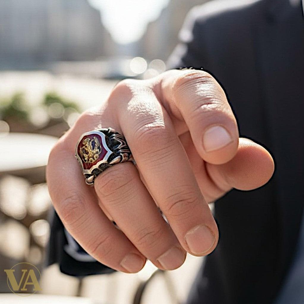 Bague homme argent 925 – Aigle Bicéphale Ottoman & Cornaline Rouge | Bijoux Vindicta
