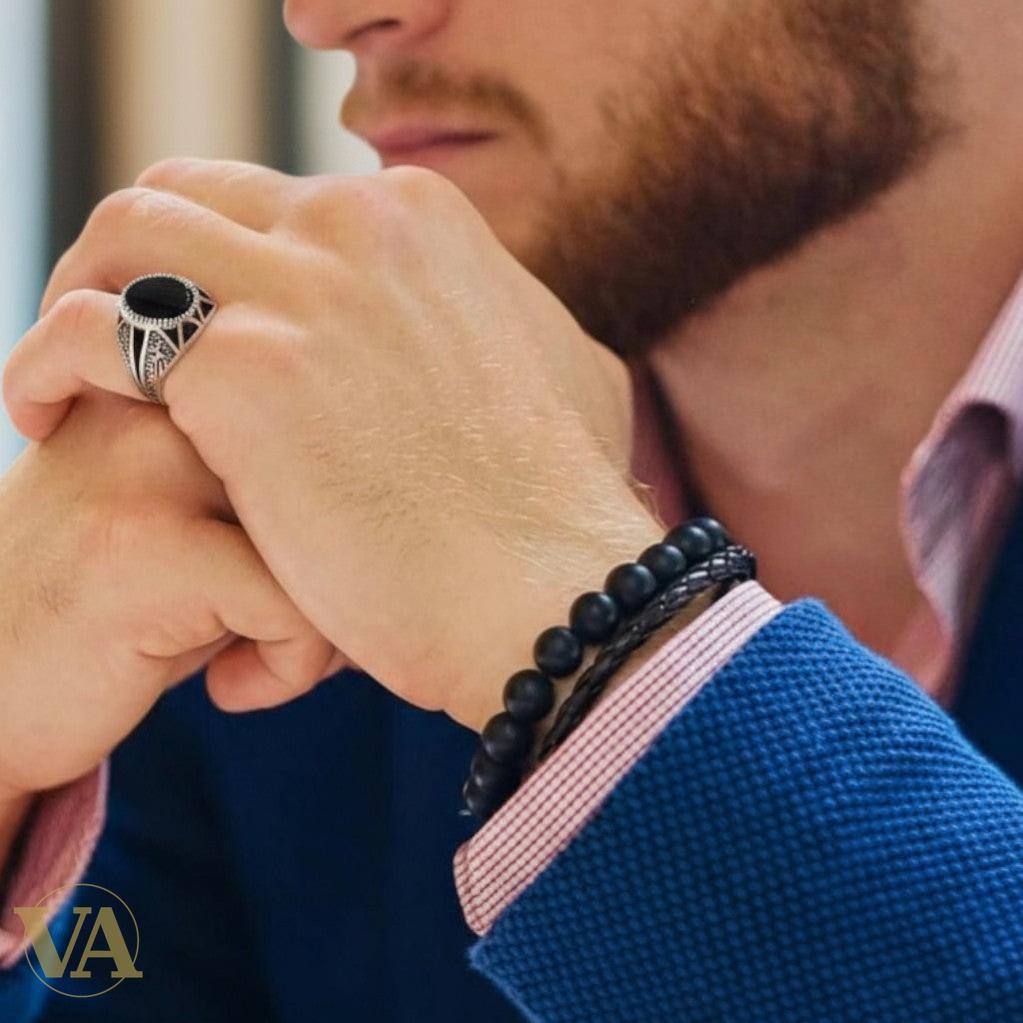 Bague Homme Argent 925 – Onyx noir cabochon ovale & design géométrique