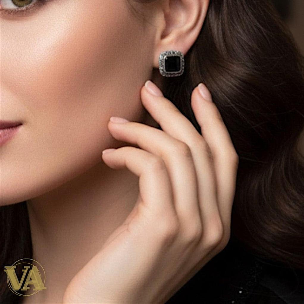 Boucles d’oreilles Argent 925 Onyx Noir & Marcassite – Carrées Élégantes