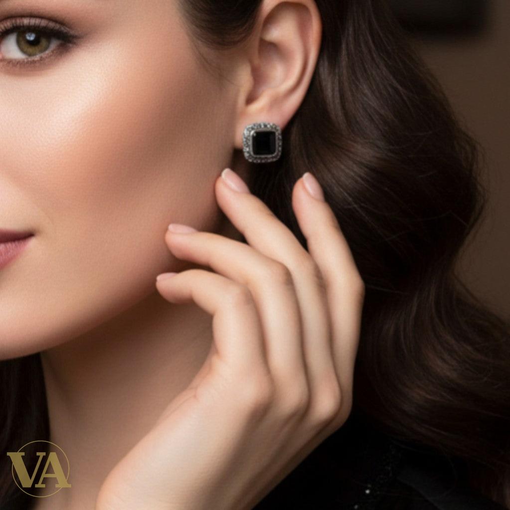 Boucles d’oreilles Argent 925 Onyx Noir & Marcassite – Carrées Élégantes