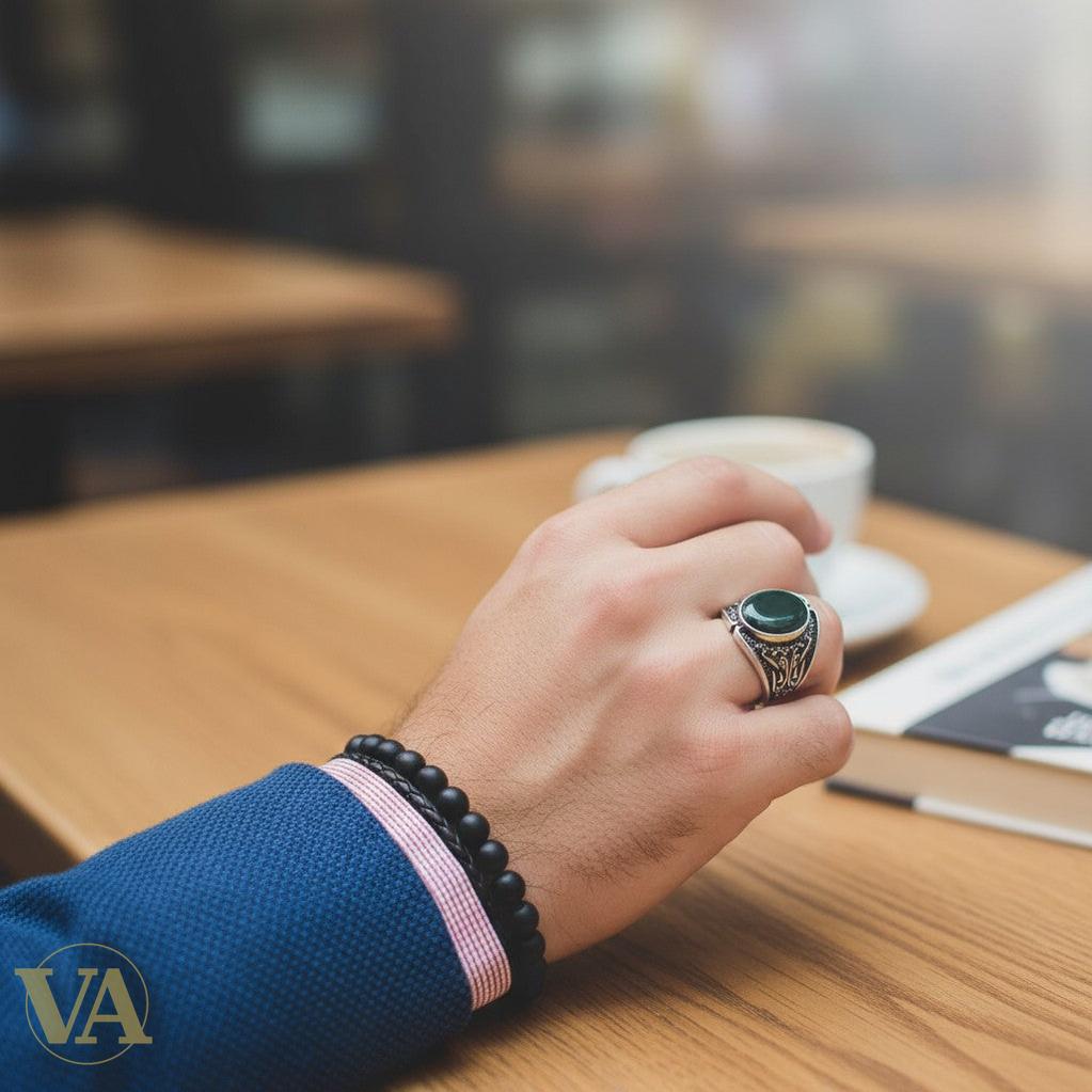 Bague homme argent 925 et calcédoine verte