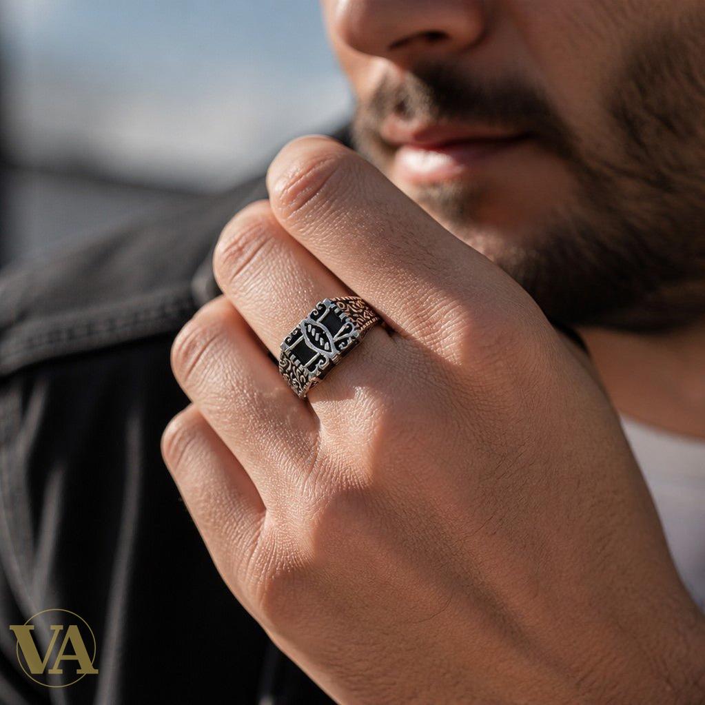 Chevalière Homme Argent 925 Onyx Noir Spirales Gravées - Argent 925 - Vindicta