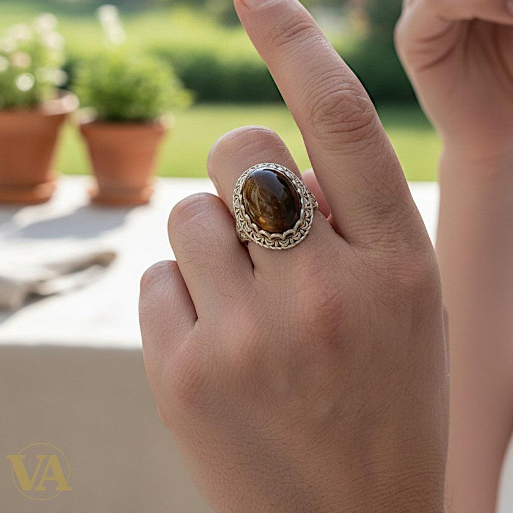 Bague Femme Argent 925 & Ambre – Cabochon Ovale Filigrane Tressé | Bijoux Vindicta