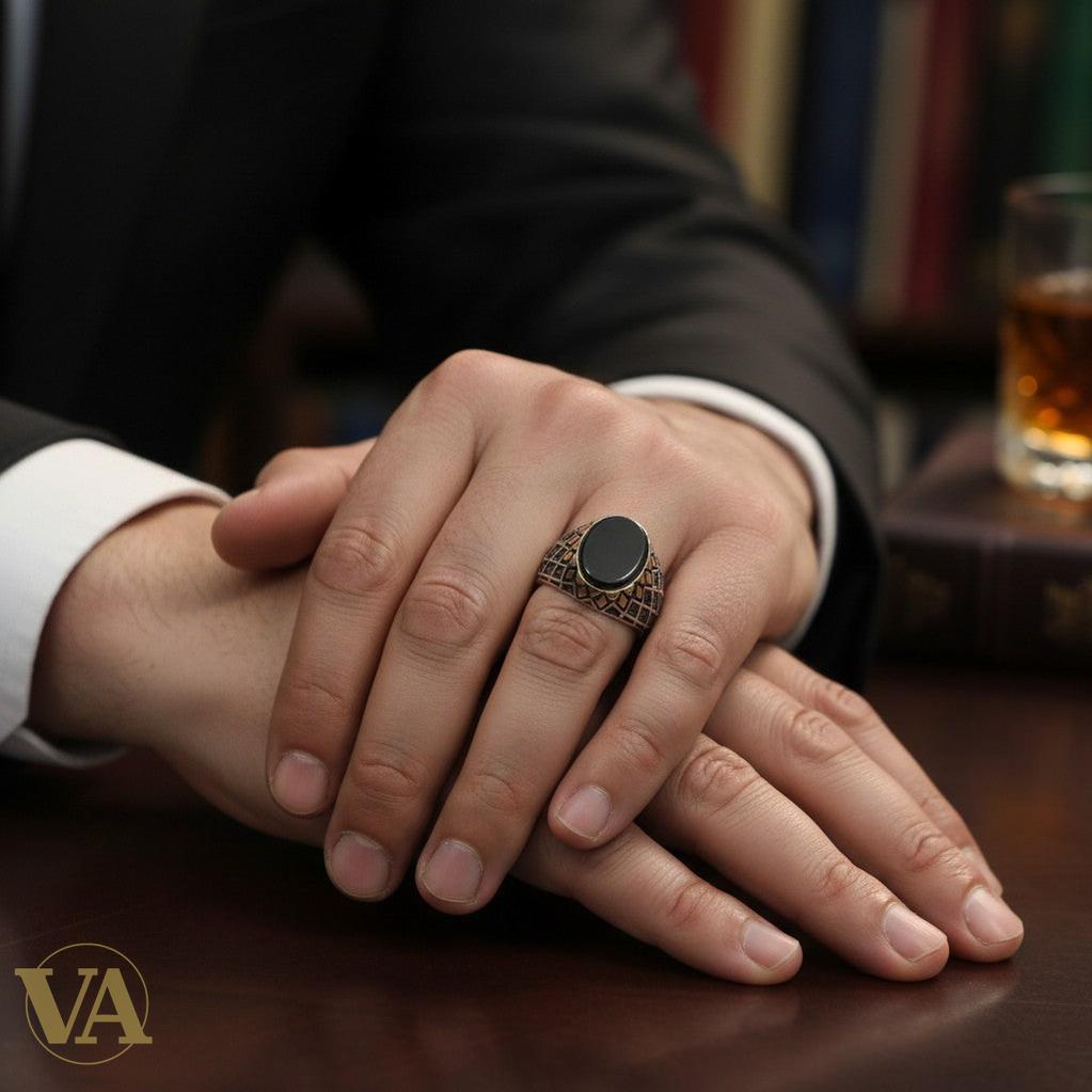 Bague homme argent 925 – Onyx noir & marcassite