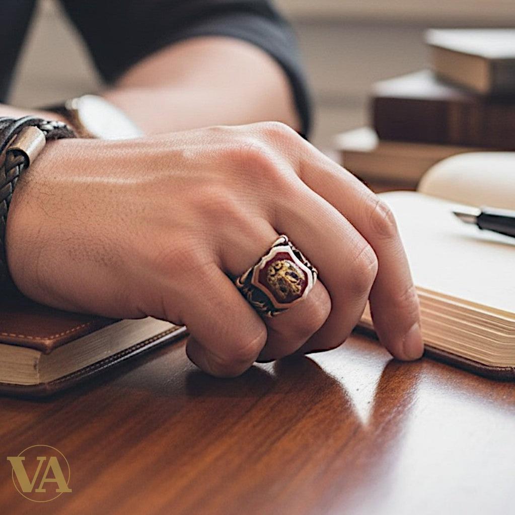 Bague homme argent 925 – Aigle Bicéphale Ottoman & Cornaline Rouge | Bijoux Vindicta