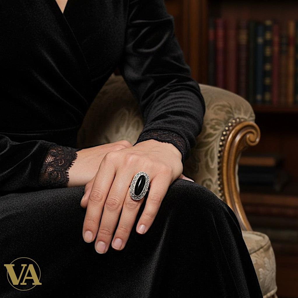 Bague femme Argent 925 Onyx Noir & Marcassites – Style Ottoman | Bijoux Vindicta