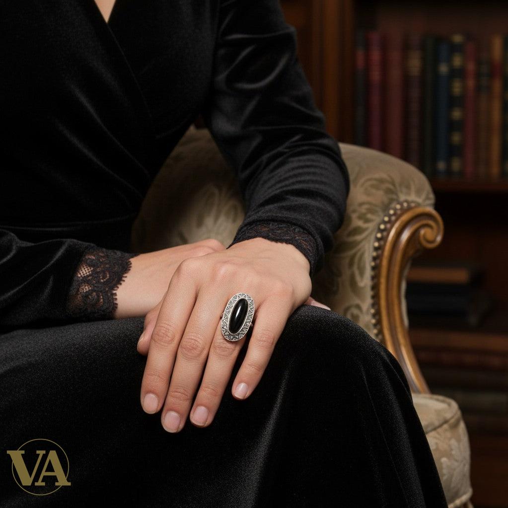 Bague Argent 925 Onyx Noir & Marcassites – Style Ottoman