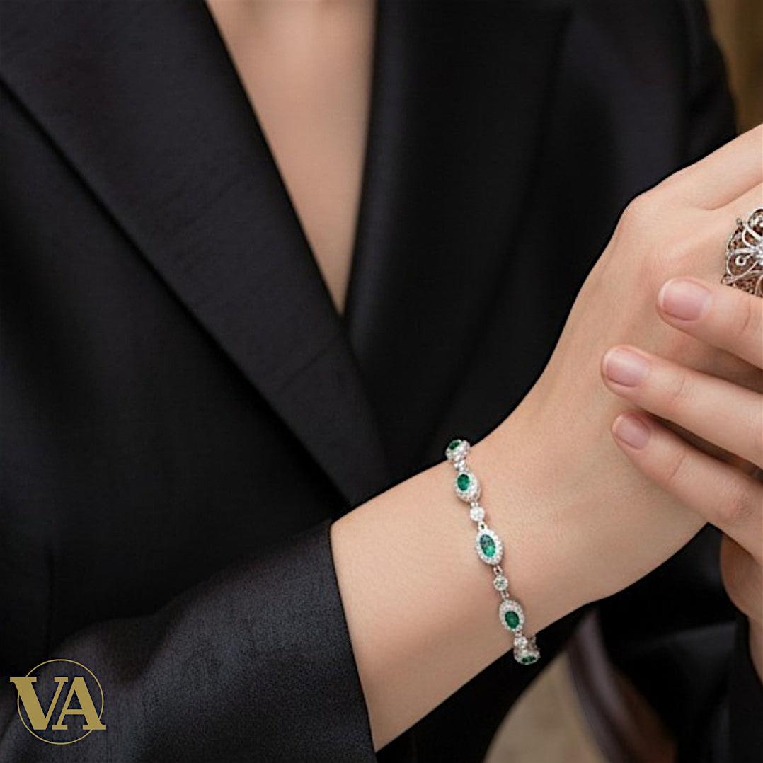 Bracelet Femme Argent 925 Oxyde Vert Émeraude Vintage