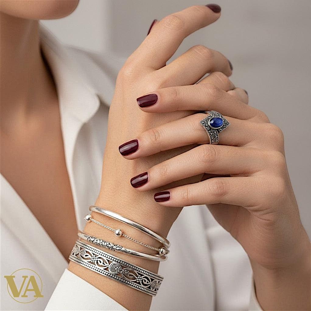 Bague femme en argent 925 avec lapis-lazuli et marcassite – Style vintage artisanal