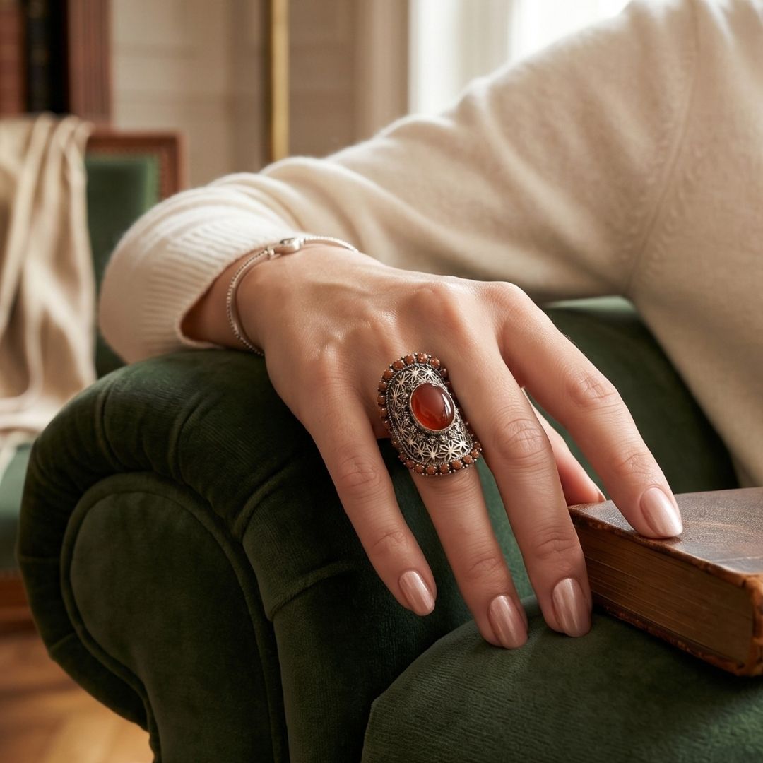 Bague Femme Argent 925 Cornaline Marcassite Ajourée-Vindicta : Bijoux Argent 925 Massif, Luxe et Héritage