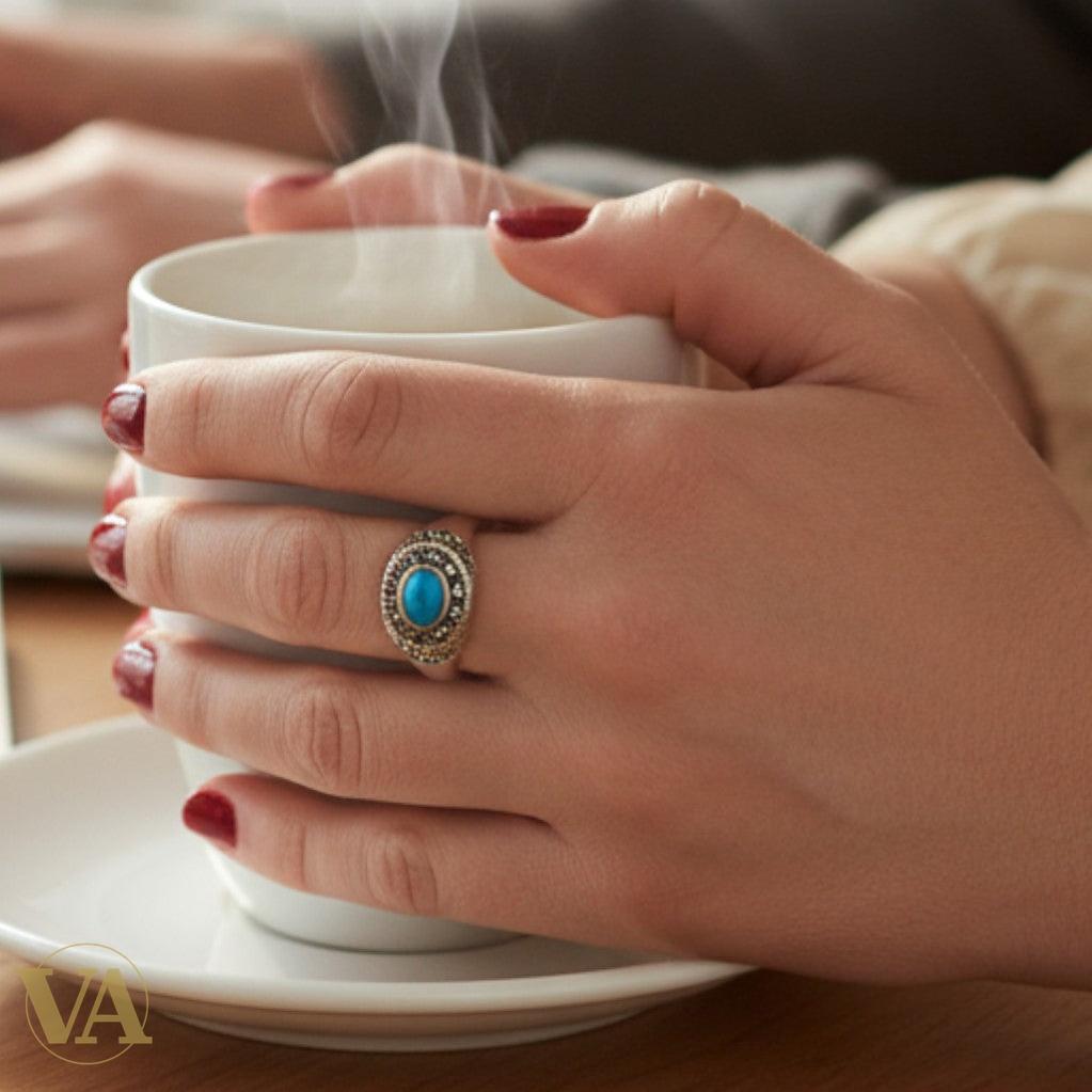 Bague femme argent 925 turquoise et marcassites