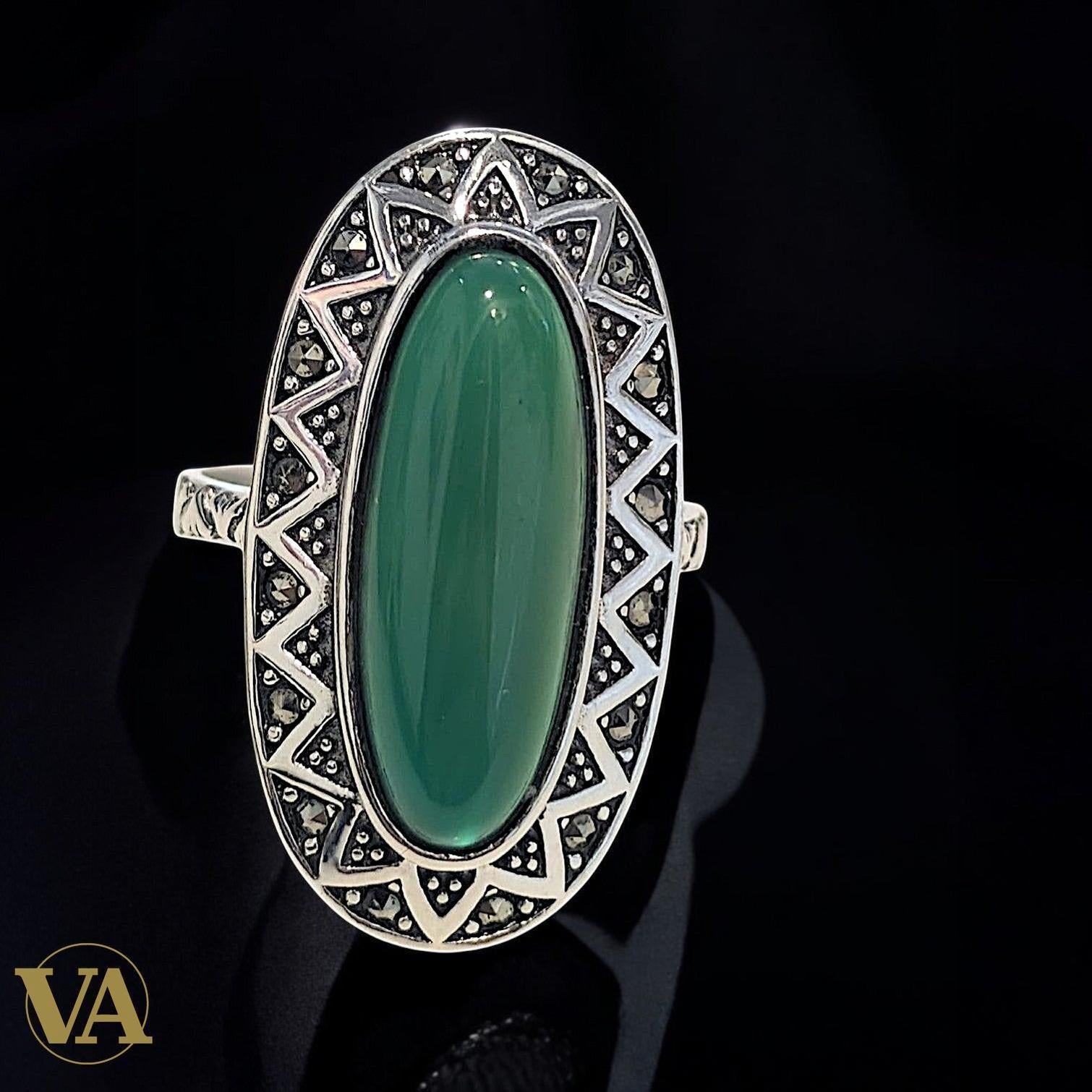 Bague femme Argent 925 Onyx Vert & Marcassites – Style Ottoman