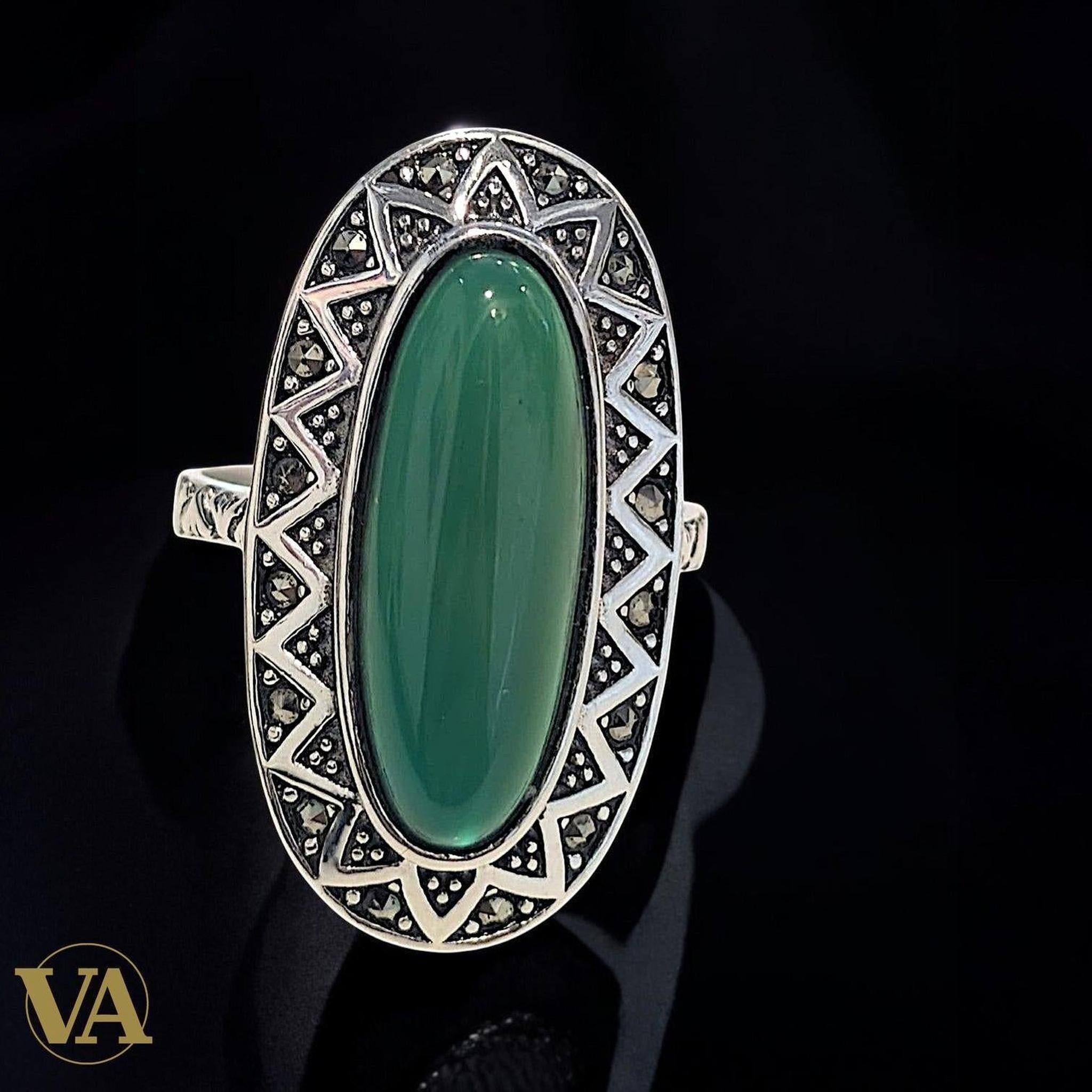 Bague femme Argent 925 Onyx Vert & Marcassites – Style Ottoman - Argent 925 - Vindicta