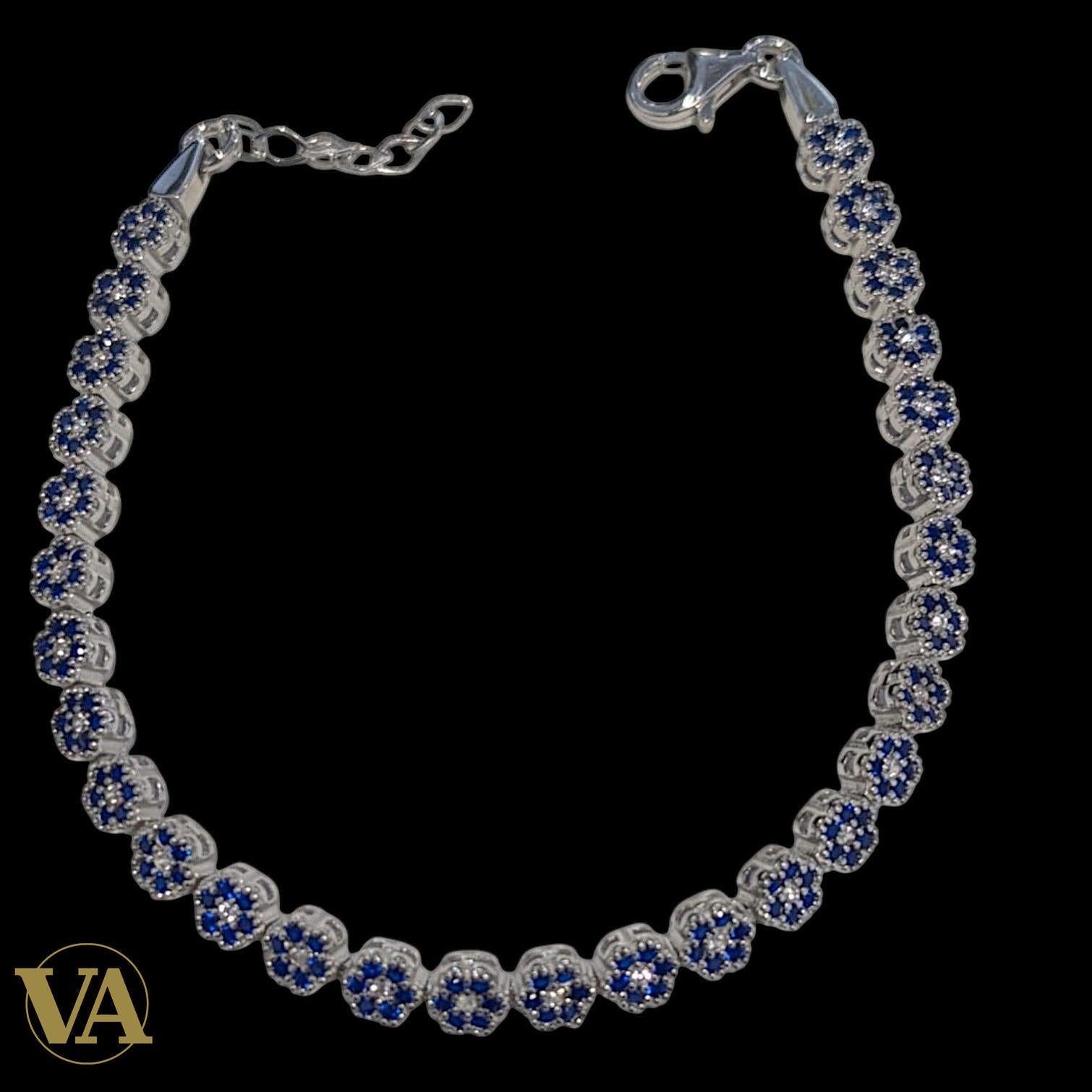 Bracelet Femme Argent 925 Oxydes Bleus – Motifs Rosace
