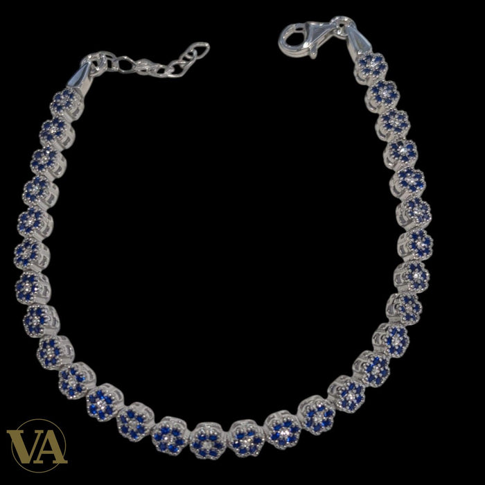 Bracelet Femme Argent 925 Oxydes Bleus – Motifs Rosace