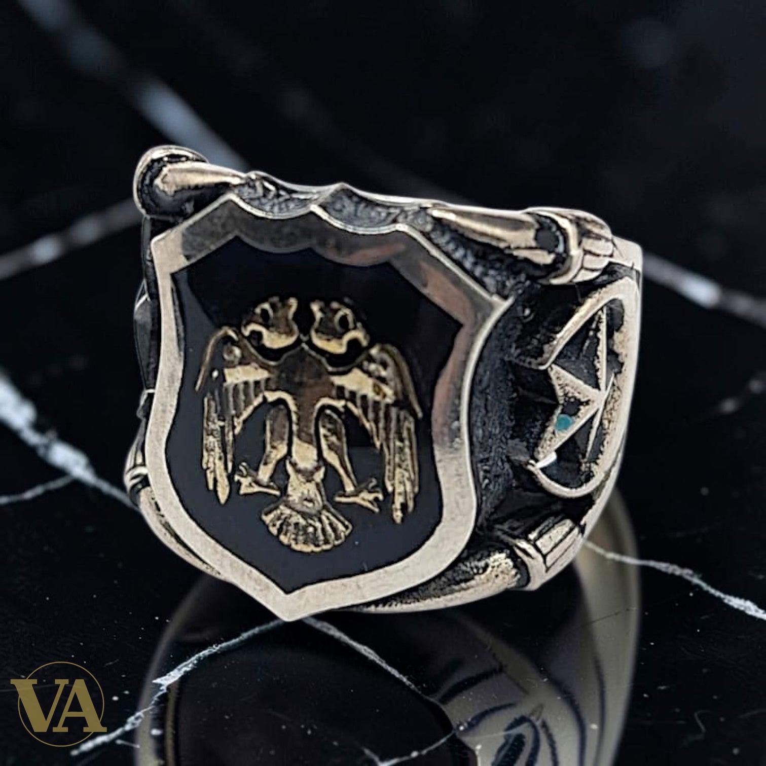 Chevalière Homme Argent 925 – Aigle Bicéphale Ottoman Plaqué Or & Onyx Noir