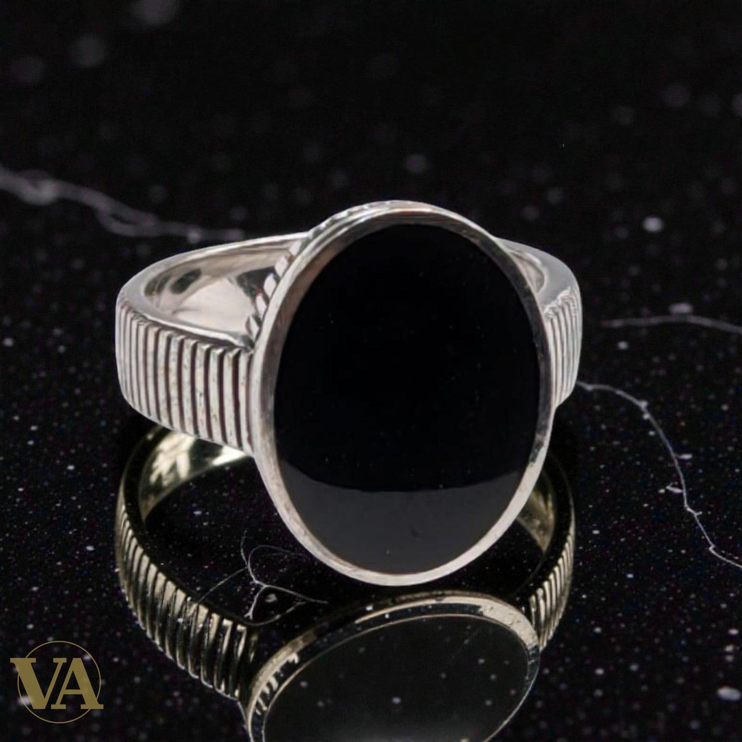 Bague Homme Argent 925 Onyx Noir Ovale – Anneau Rainé Minimaliste | Bijoux Vindicta