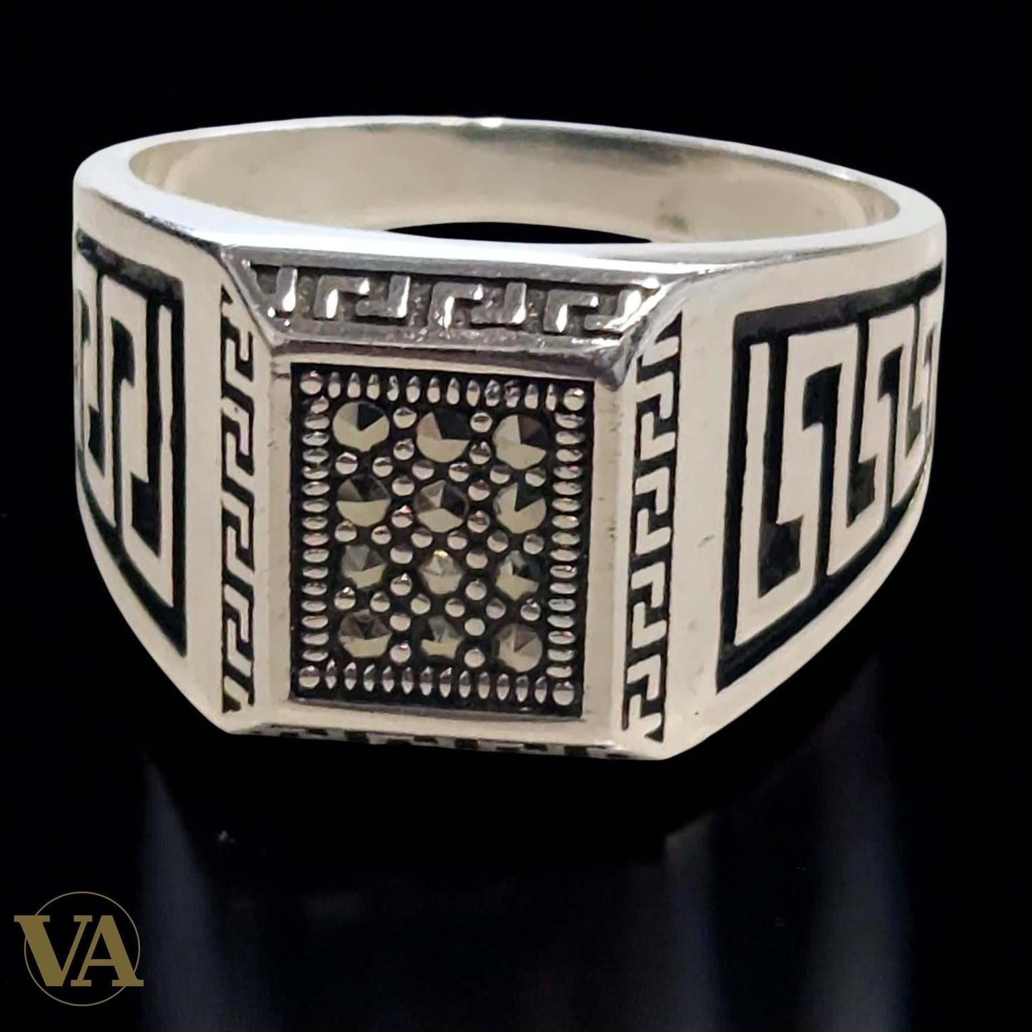 Bague homme argent 925 marcassite motif grec - Argent 925 - Vindicta