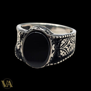 Chevalière Homme Argent 925 Onyx Noir Motifs Floraux Gravés
