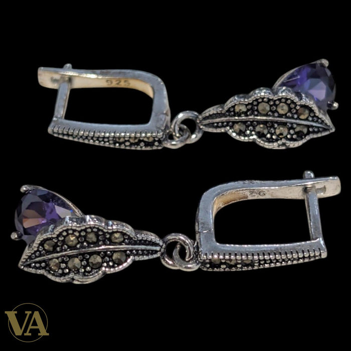 Boucles d’oreilles femme argent 925 améthyste et marcassite – Élégance vintage