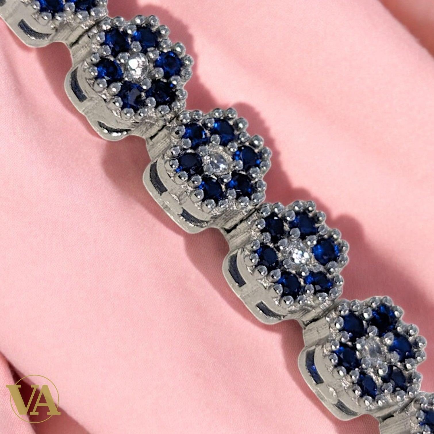 Bracelet Femme Argent 925 Oxydes Bleus – Motifs Rosace