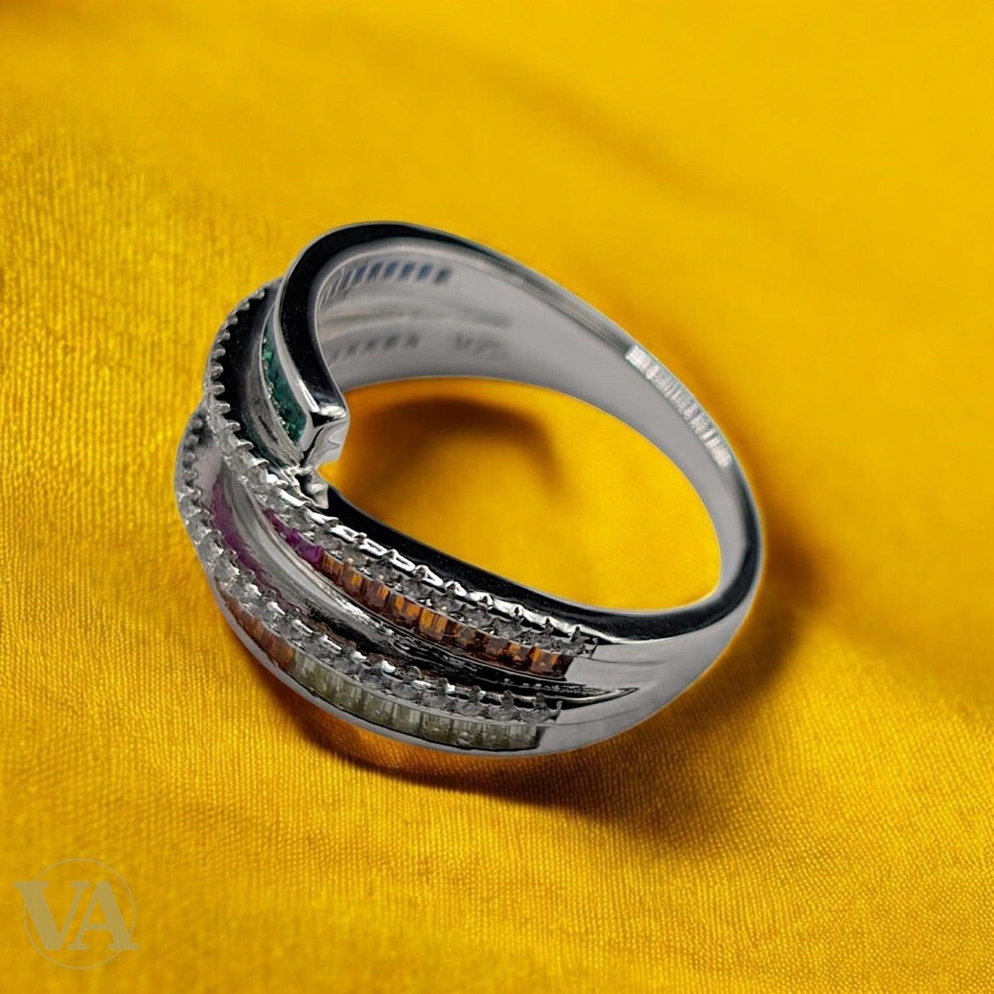 Bague Femme Argent 925 Multicolore – Design Croisé Arc-en-Ciel | Bijoux Vindicta