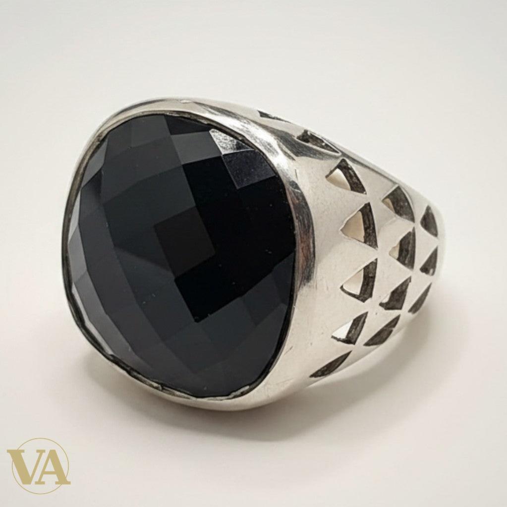 Bague femme argent 925 Onyx noir facetté chevalière tige ajourée géométrique-Vindicta : Bijoux Argent 925 Massif, Luxe et Héritage
