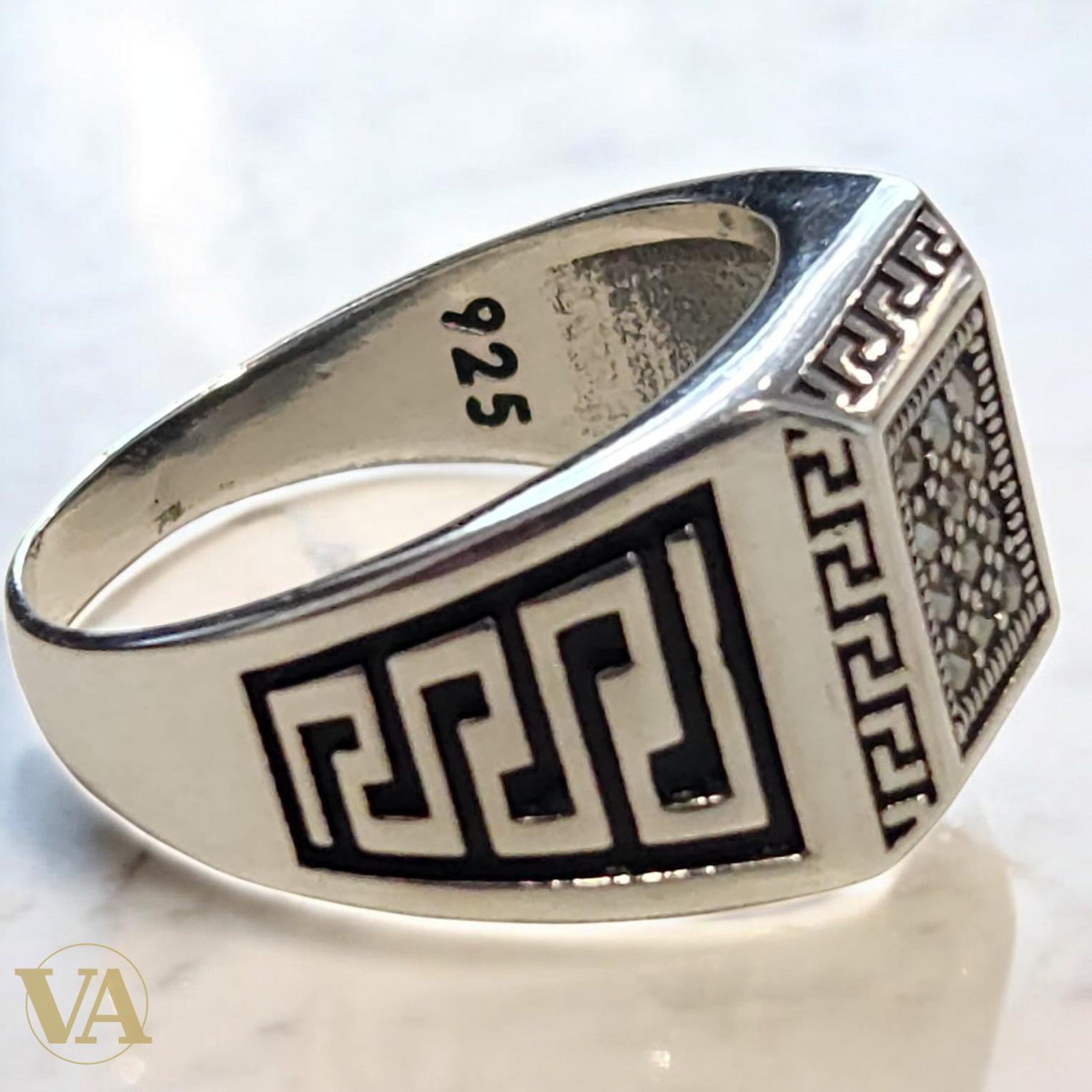 Bague homme argent 925 marcassite motif grec