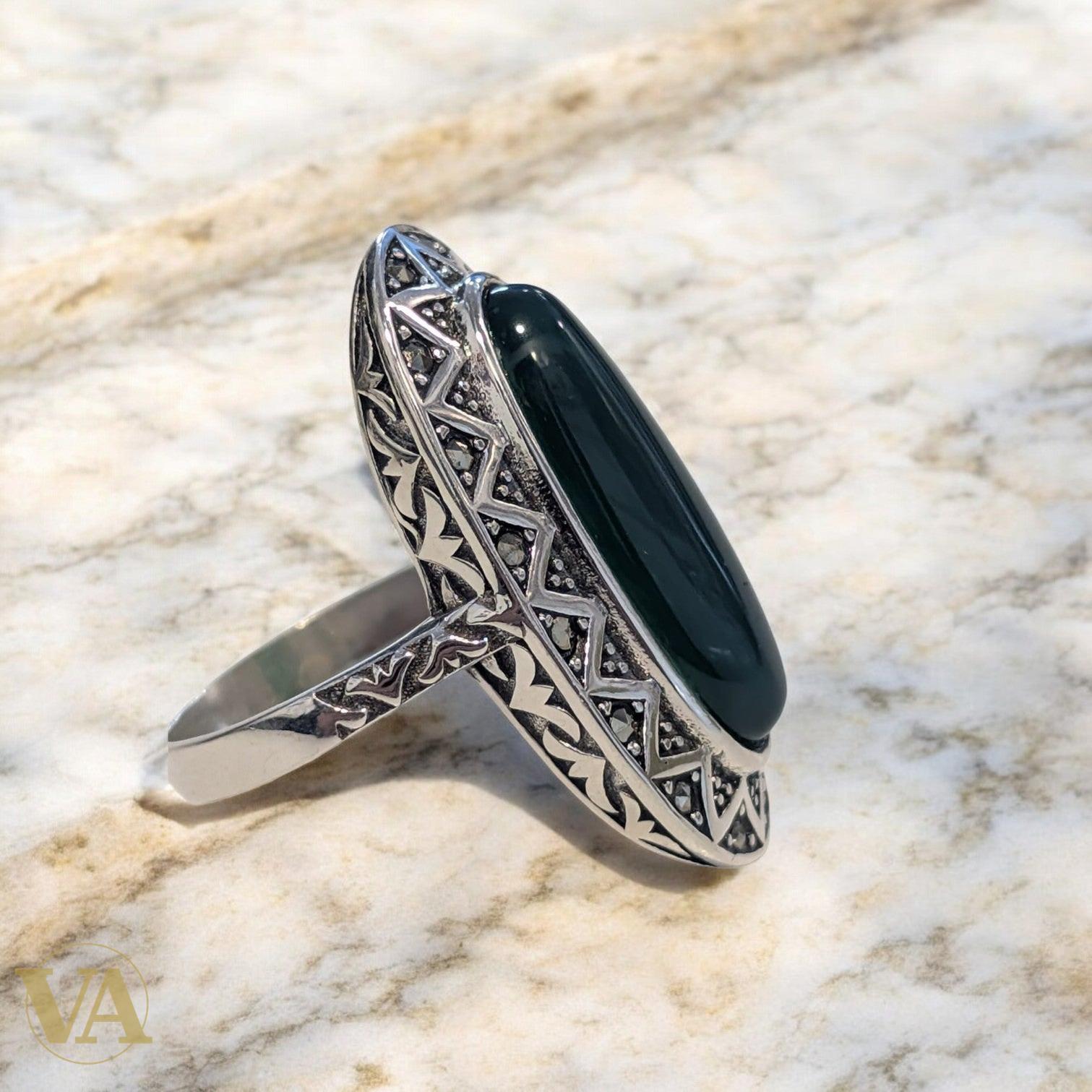 Bague Argent 925 Onyx Vert & Marcassites – Style Ottoman
