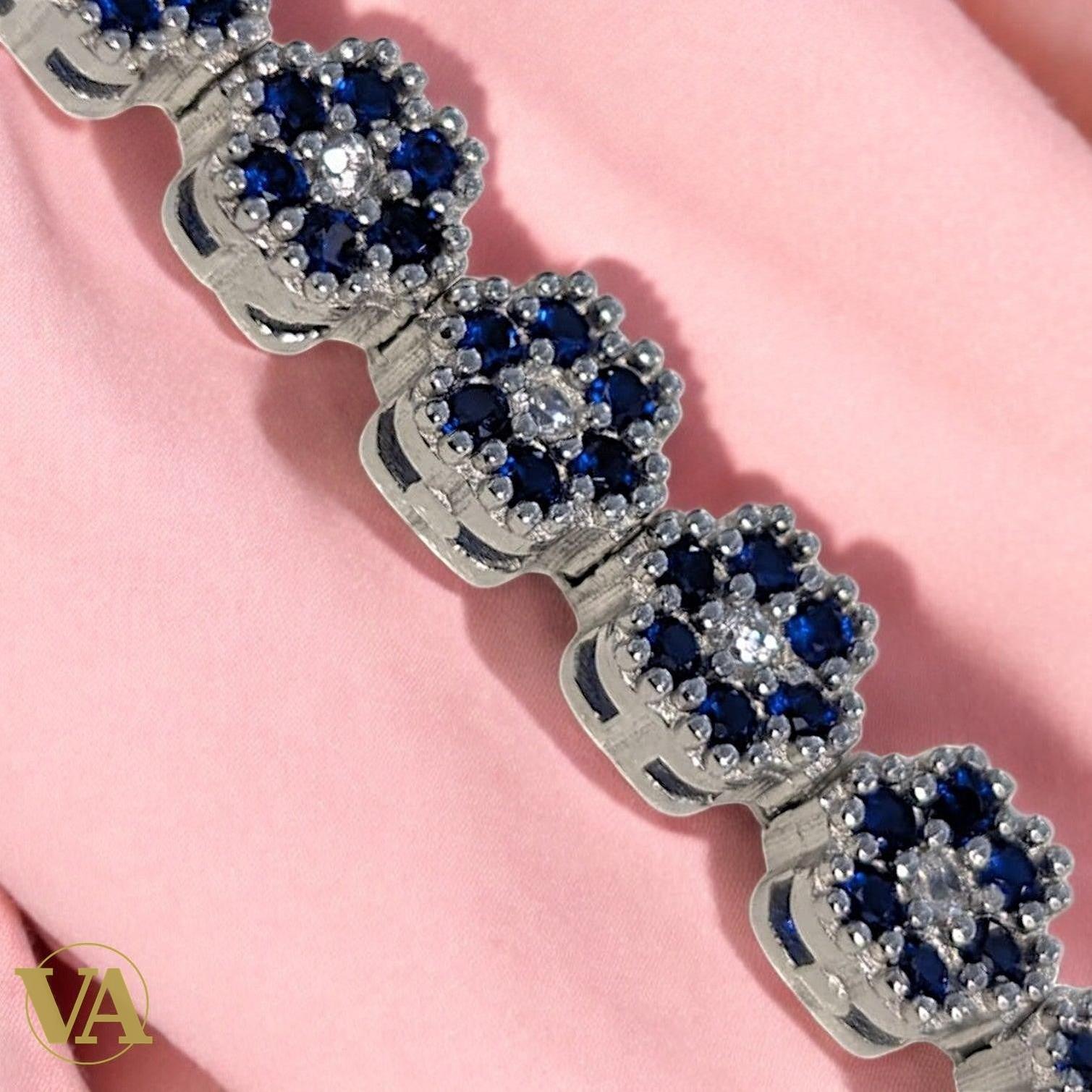 Bracelet Femme Argent 925 Oxydes Bleus – Motifs Rosace | Bijoux Vindicta