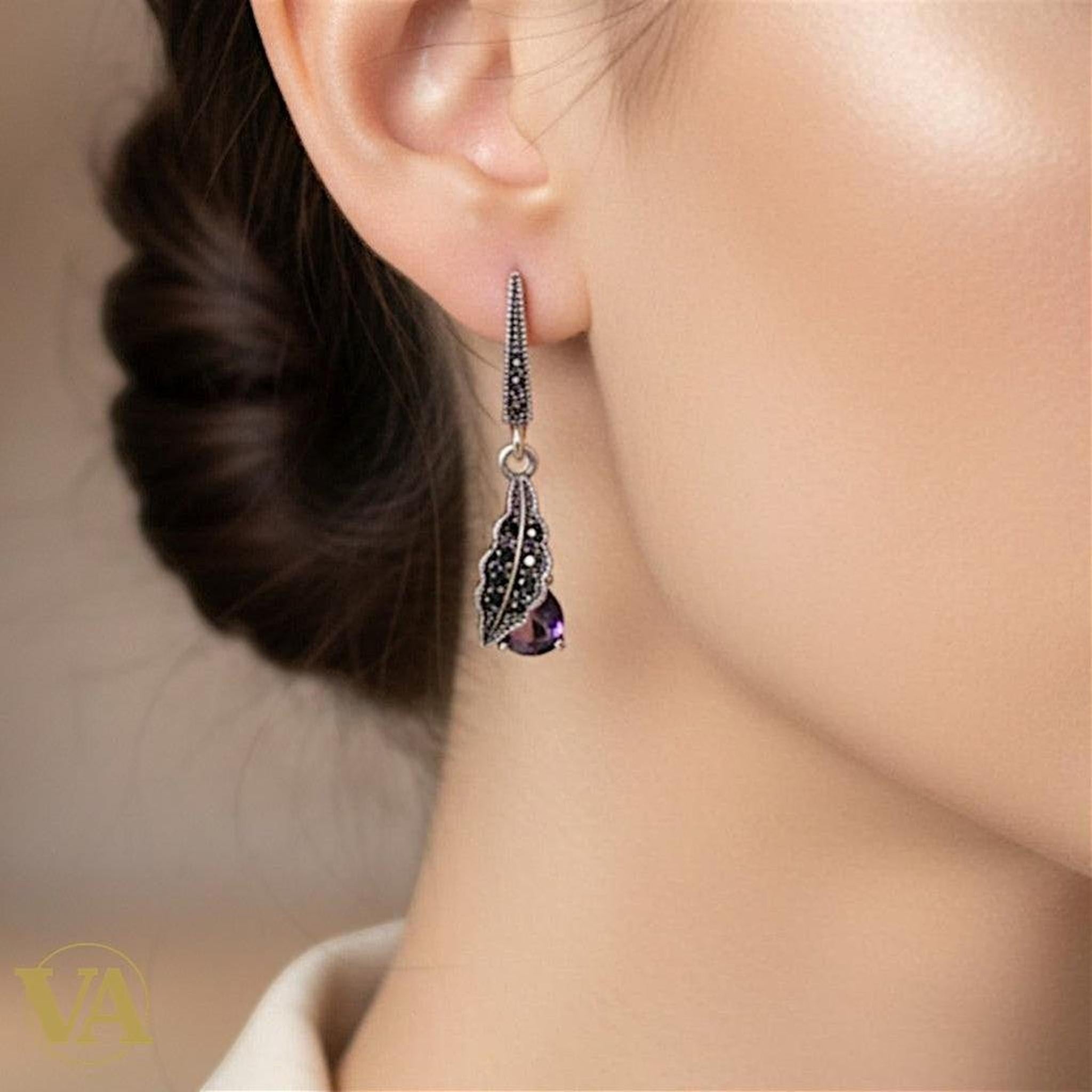 Boucles d’oreilles femme argent 925 améthyste et marcassite – Élégance vintage | Bijoux Vindicta