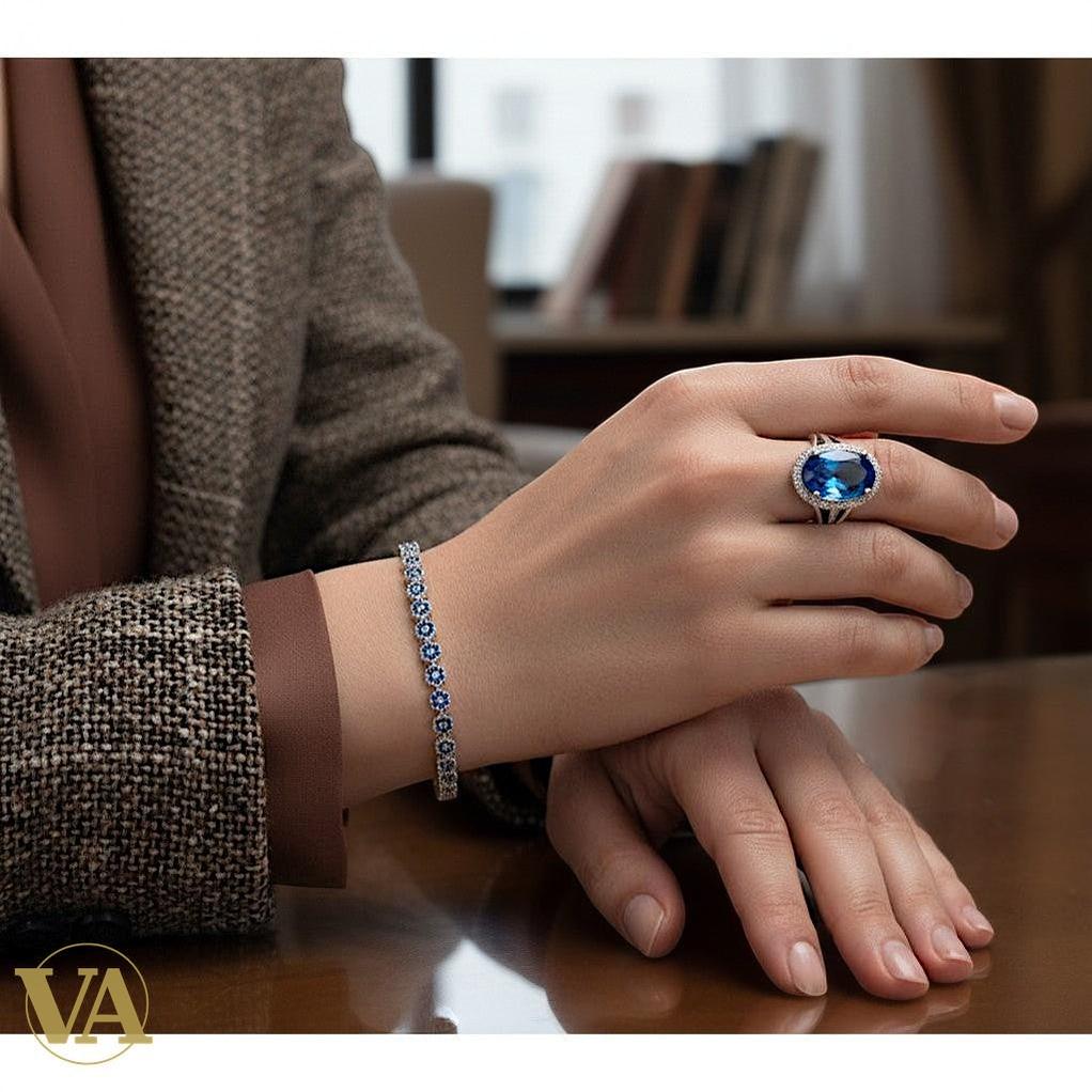 Bracelet Femme Argent 925 Oxydes Bleus – Motifs Rosace