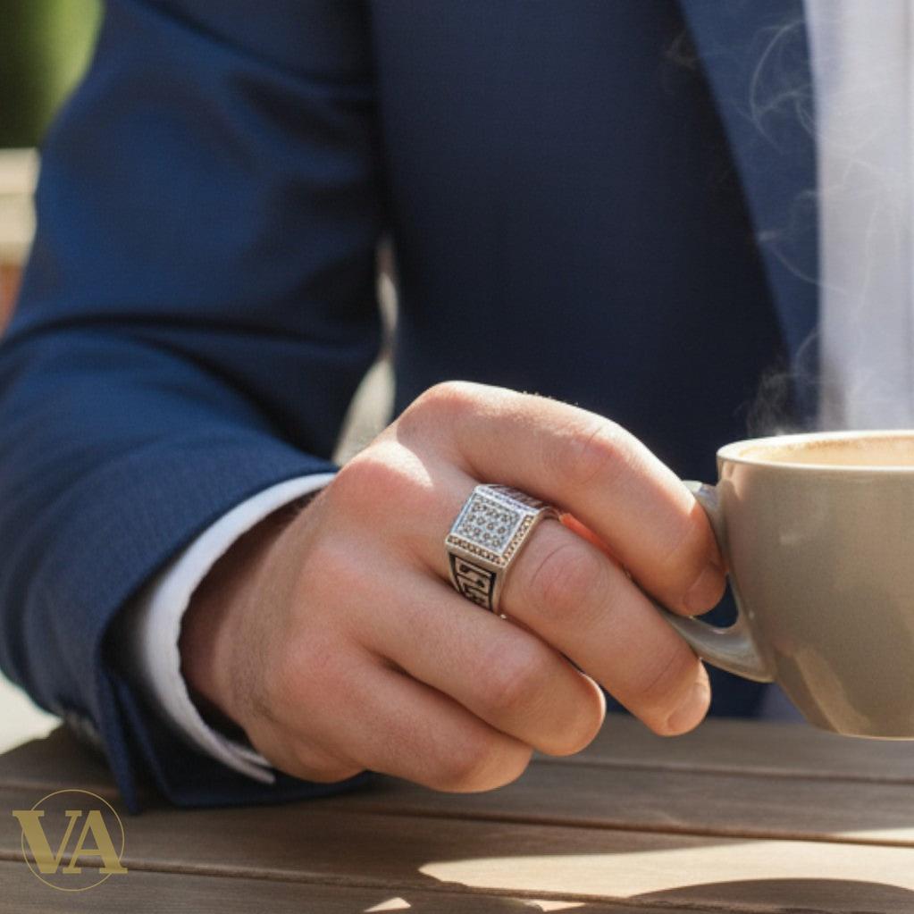 Bague homme argent 925 marcassite motif grec