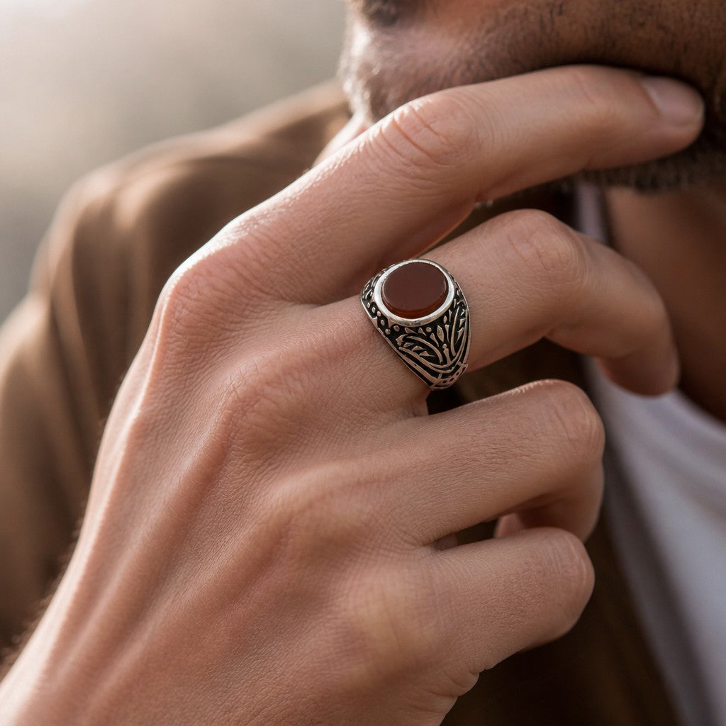 Chevalière Homme Argent 925 Cornaline Ovale Volutes Ajourées