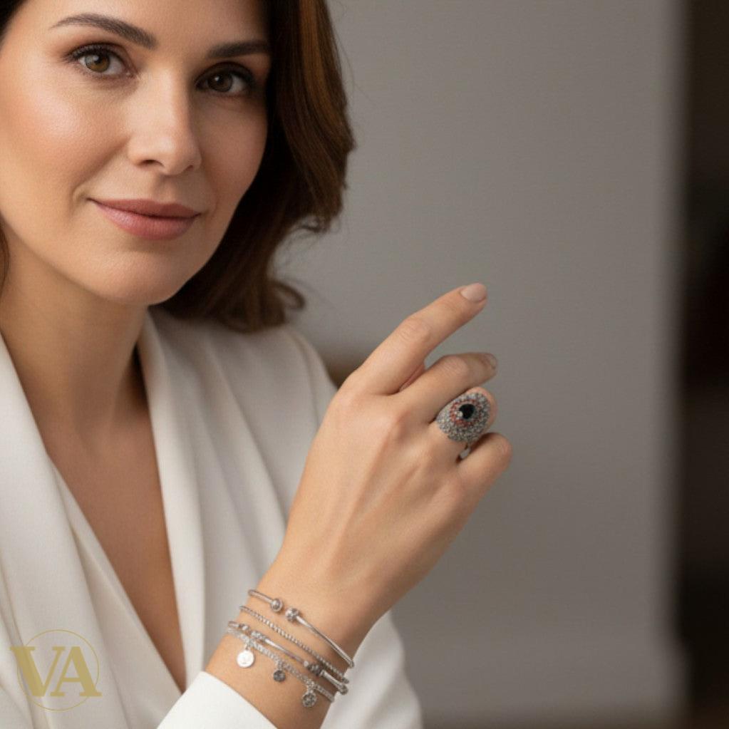 Bague ovale en argent 925, pierres rouges & marcassite – Modèle imposant