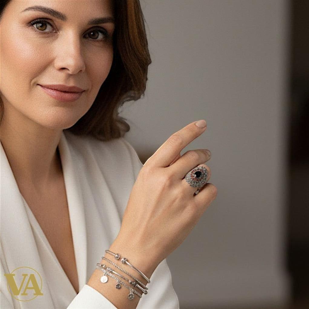 Bague  femme ovale en argent 925, pierres rouges & marcassite – Modèle imposant | Bijoux Vindicta