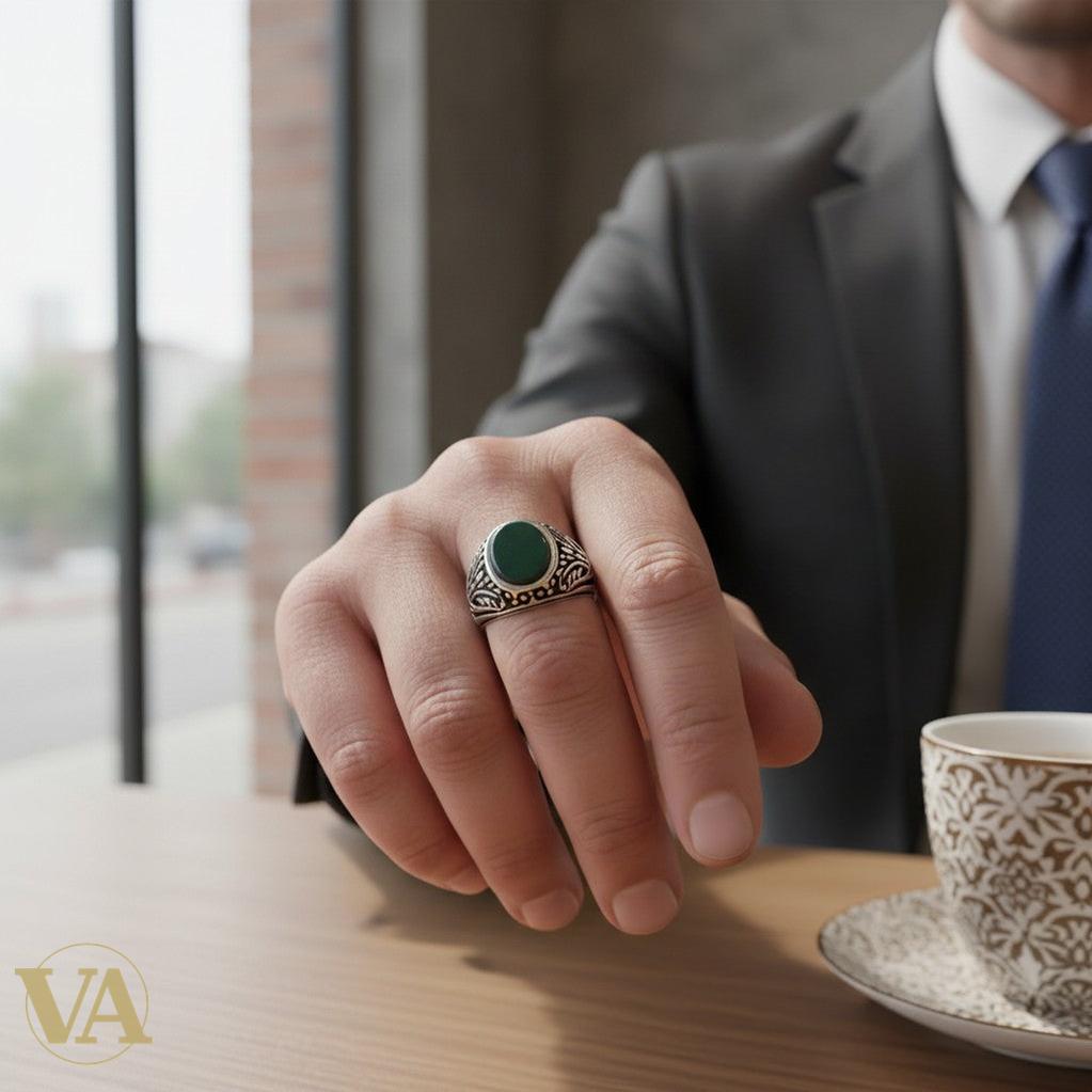 Chevalière Homme Argent 925 Aventurine Verte