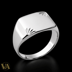 Men’s Rhodium-Plated 925 Silver Signet Ring – Rectangle and Engraved Rays