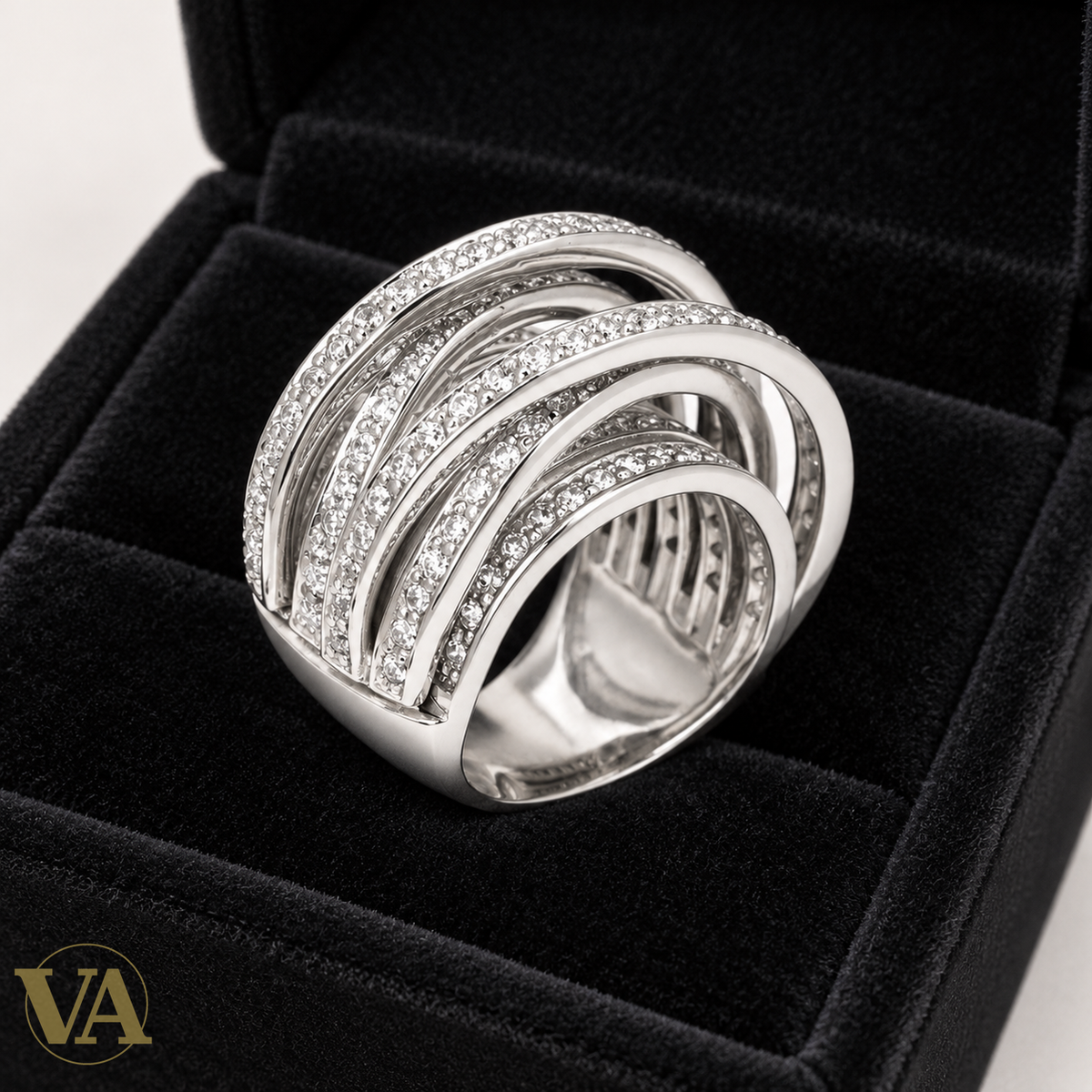 Bague femme argent 925 rhodié — Rubans Croisés Pavés de Zirconium — écrin