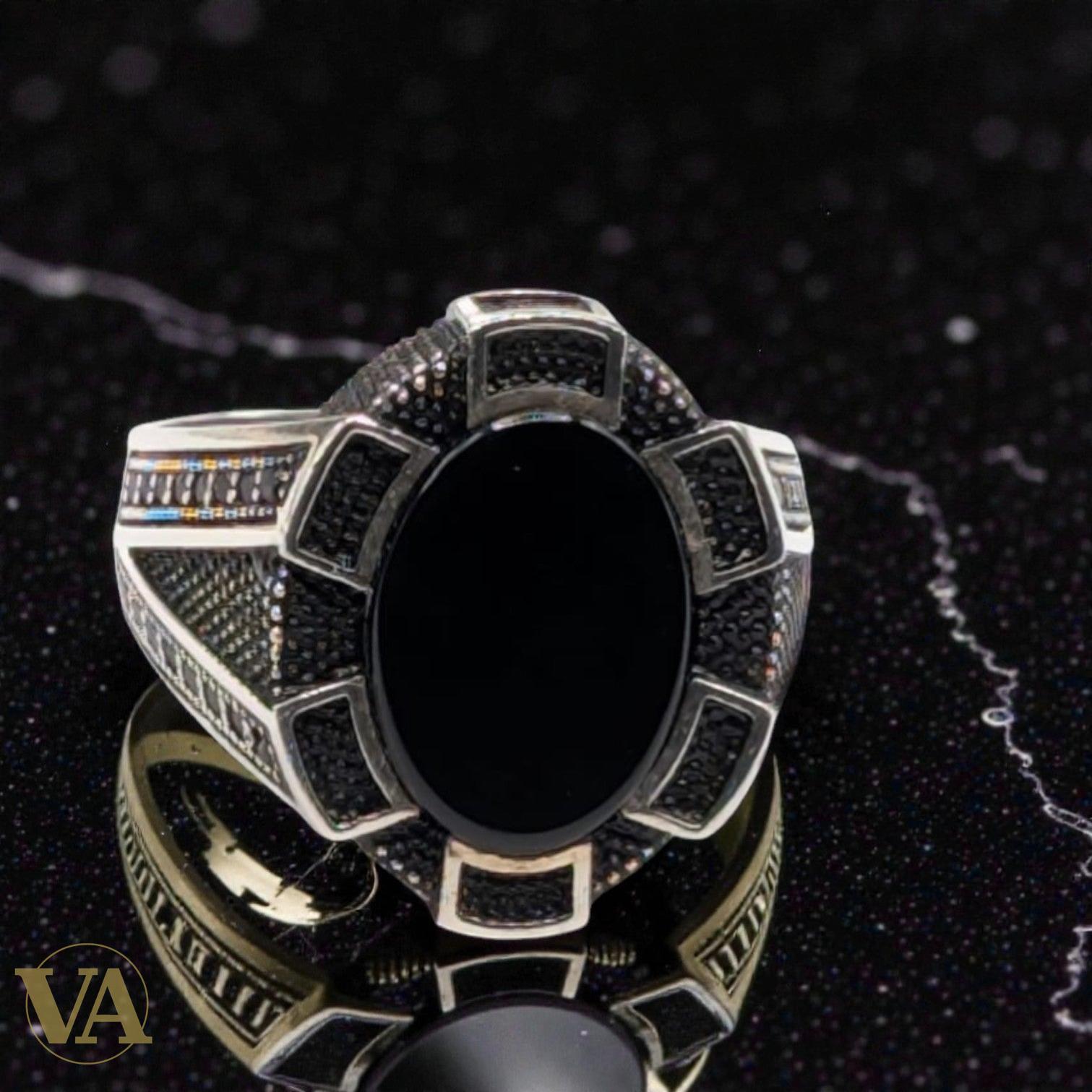 Bague Homme Argent 925 Onyx Noir – Bouclier Hexagonal & Armure Ciselée