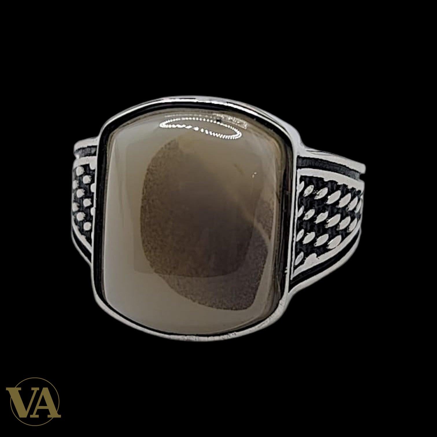 Chevalière Homme Argent Plaqué Or Rose Pierre Agate Grise