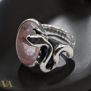 Bague femme argent 925 Quartz Rose cabochon ovale monture Serpent