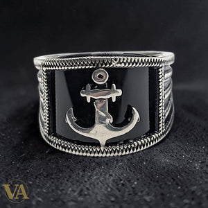 Chevalière Homme Argent 925 Onyx Noir Ancre Marine Tresse Ciselée