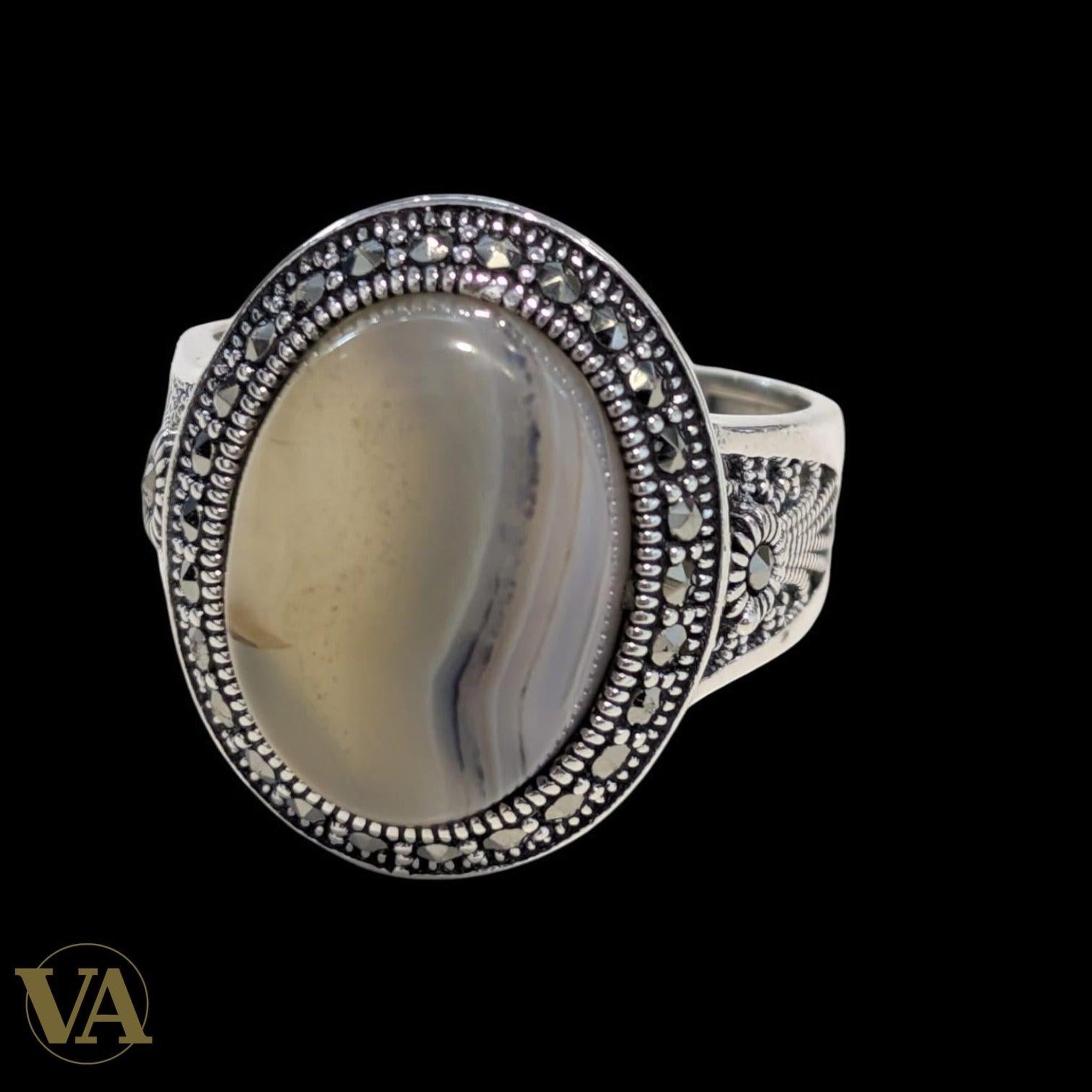 Bague Homme Argent 925 – Agate Naturelle & Marcassite | Bijoux Vindicta