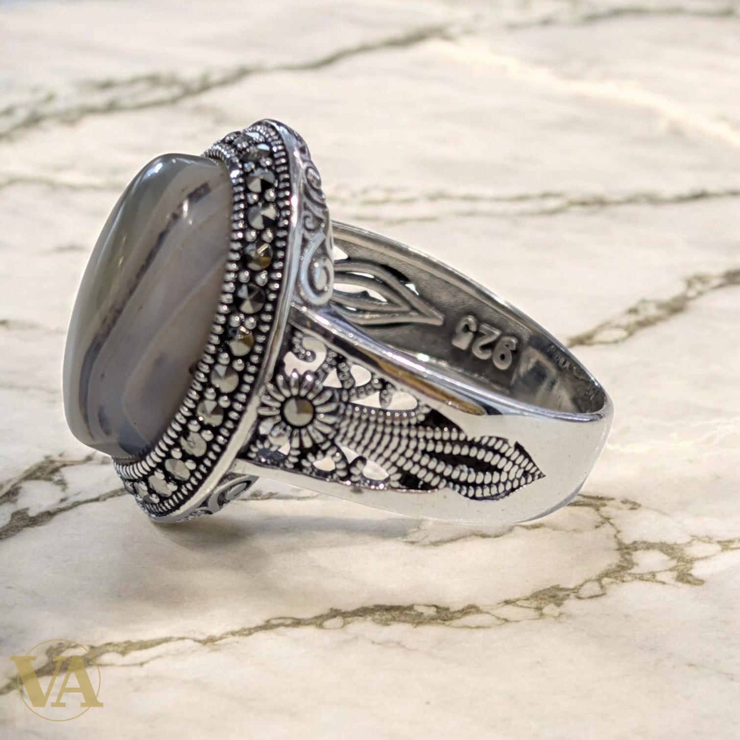 Bague Homme Argent 925 – Agate Naturelle & Marcassite