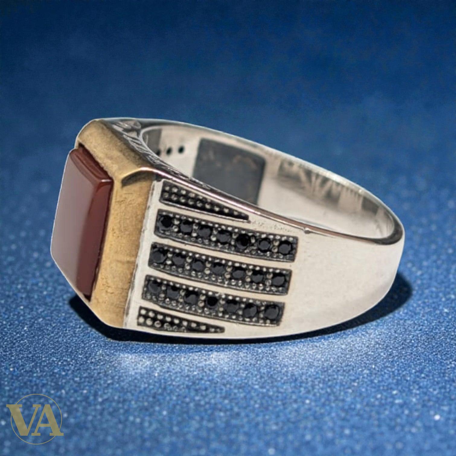 Bague homme argent 925 – Cornaline Rouge & Marcassite Art Déco | Bijoux Vindicta