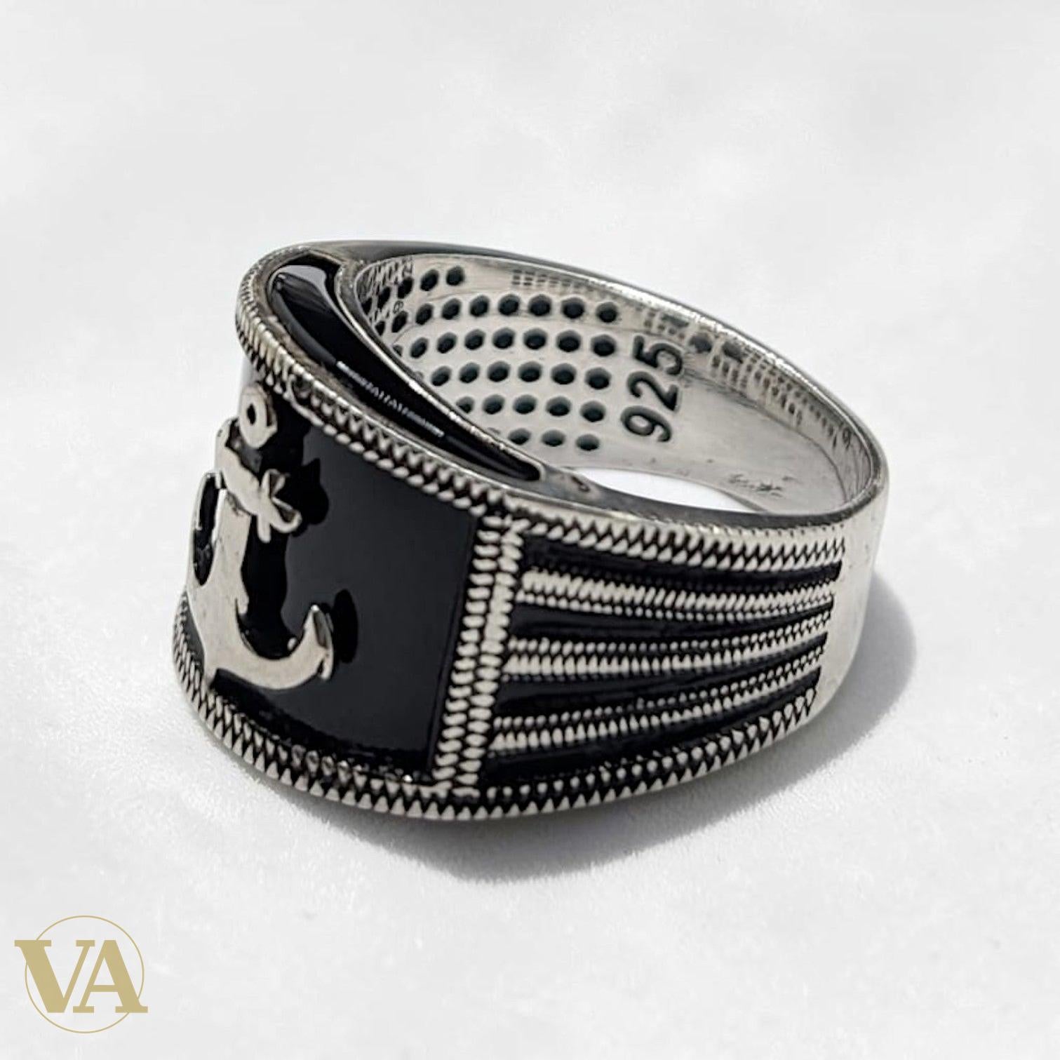Chevalière Homme Argent 925 Onyx Noir Ancre Marine Tresse Ciselée - Argent 925 - Vindicta